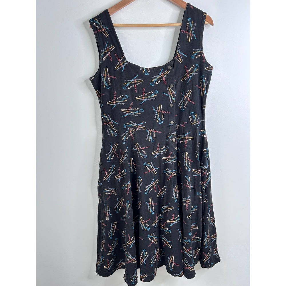 Effies Heart Fit Flare Dress Sz L Black Paintbrush Novelty Print Pockets Retro